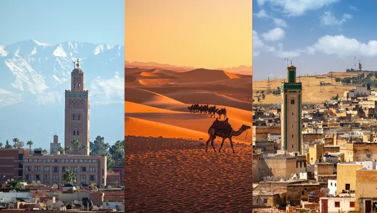 Jemaa el-Fna, Erg Chebbi dunes and Hassan II Mosque representing a 10-day Morocco itinerary from Marrakech to Fes and Casablanca