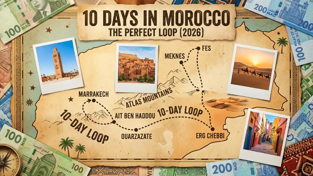 A mixed-media artistic collage featuring the perfect 10 Days in Morocco Itinerary route map, with highlights of Marrakech, Ait Ben Haddou, Sahara Desert, and Fes for 2026 travelers.