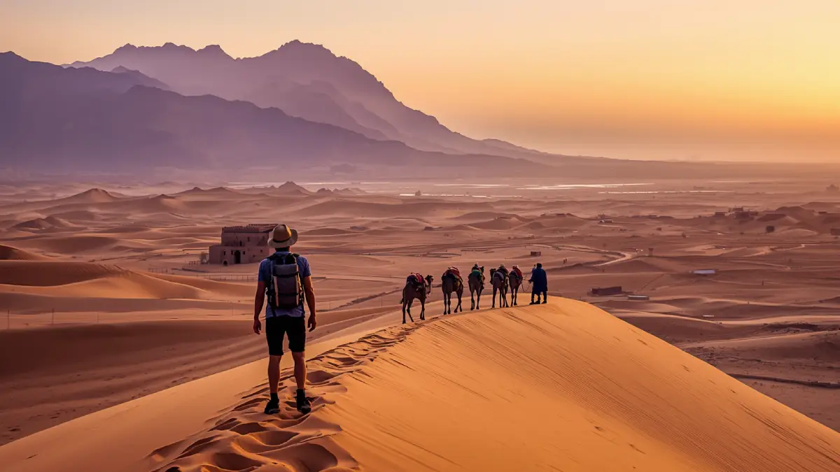 A cinematic wide-angle view of the Sahara desert, Atlas Mountains, and an ancient Moroccan Kasbah, summarizing a 14-day loop itinerary for first-time visitors starting from Casablanca or Marrakech.