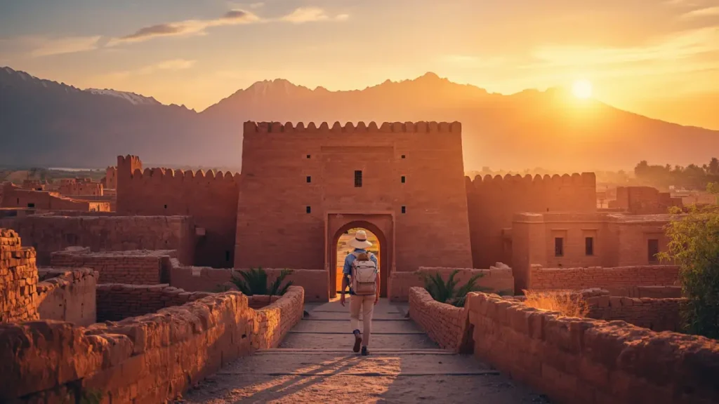 A traveler with a backpack walking toward a beautiful ancient Moroccan Kasbah in the Atlas Mountains, embarking on a 14-day Morocco itinerary.