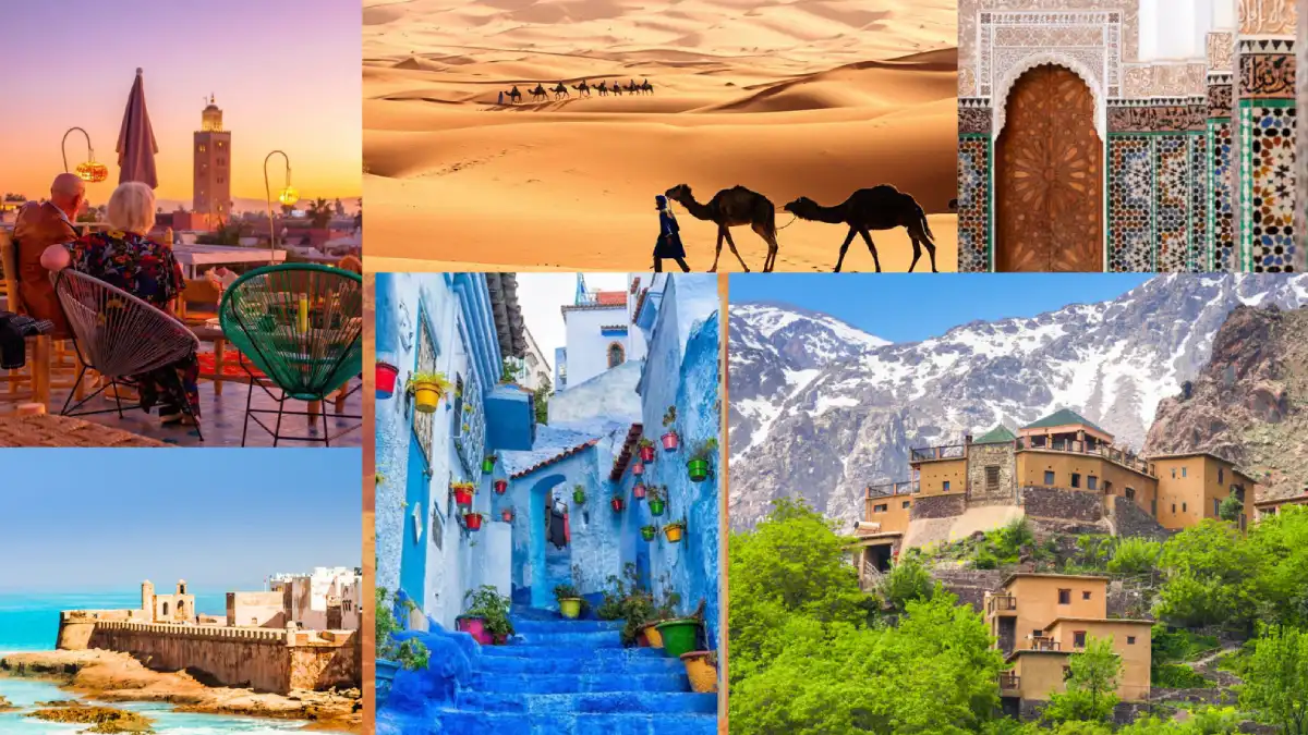 Collage of Marrakech, Atlas Mountains, Sahara desert, Chefchaouen and Essaouira representing a 3 week Morocco itinerary
