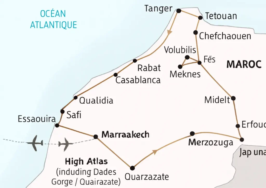 Map of a 3 week Morocco itinerary showing the route from Marrakech through the Atlas, Sahara, Fes, Chefchaouen, Tangier or Rabat and Essaouira