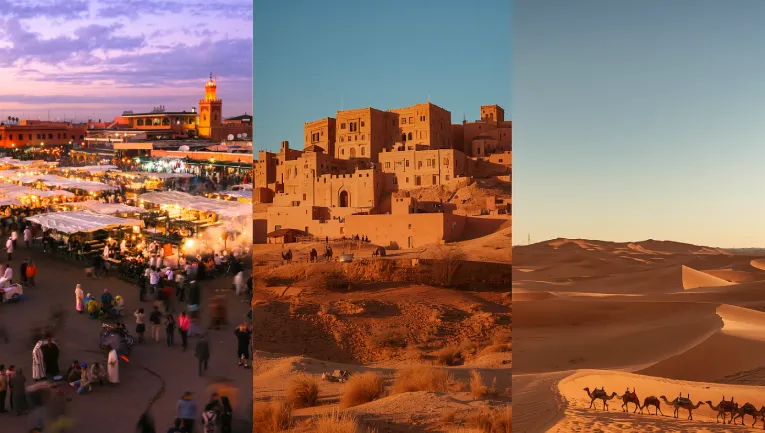 View of Jemaa el-Fna, Ait Ben Haddou and the Sahara dunes representing a 7-day Morocco itinerary from Marrakech to Fes