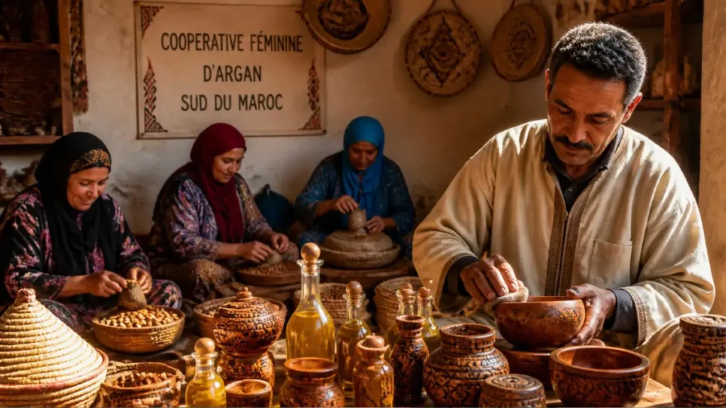 Women in a Moroccan argan cooperative hand-cracking nuts and crafting argan oil–infused wooden bowls and candle holders, showcasing authentic argan oil crafts.