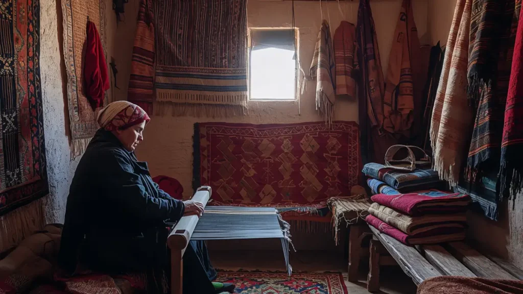 Berber woman weaving a rug on a loom in an Atlas Mountain village, surrounded by traditional crafts Morocco like rugs, blankets, and embroidered clothing.