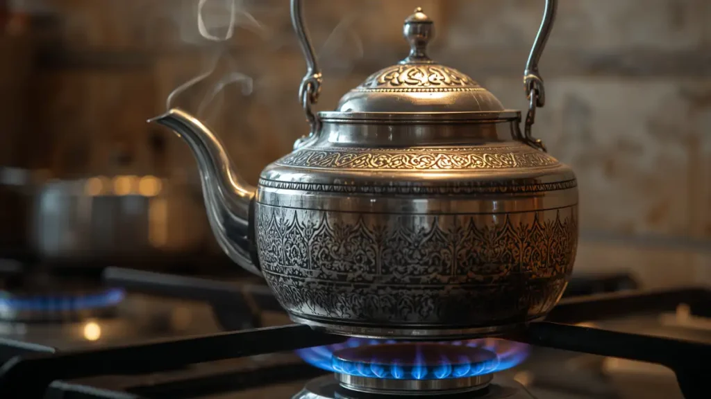 Best Moroccan teapot for stovetop
A stovetop-safe stainless steel Moroccan berrad teapot brewing tea on a gas flame.
