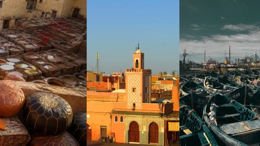 Panoramic collage of Fez, Marrakech, Essaouira, and the Atlas Mountains highlighting traditional crafts Morocco, from argan oil crafts to Moroccan leather crafts and Berber rugs.