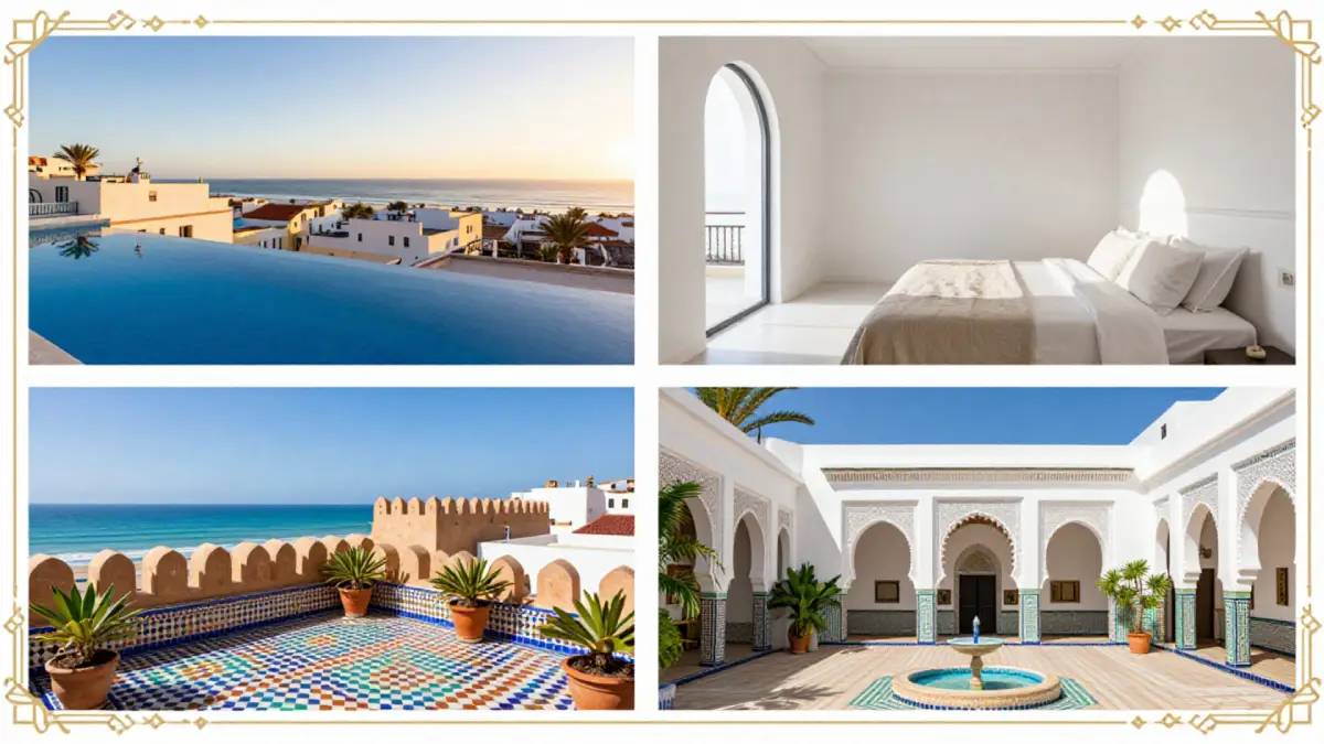 Collage of luxury riads in Essaouira with rooftop pool, sea views and traditional courtyards
