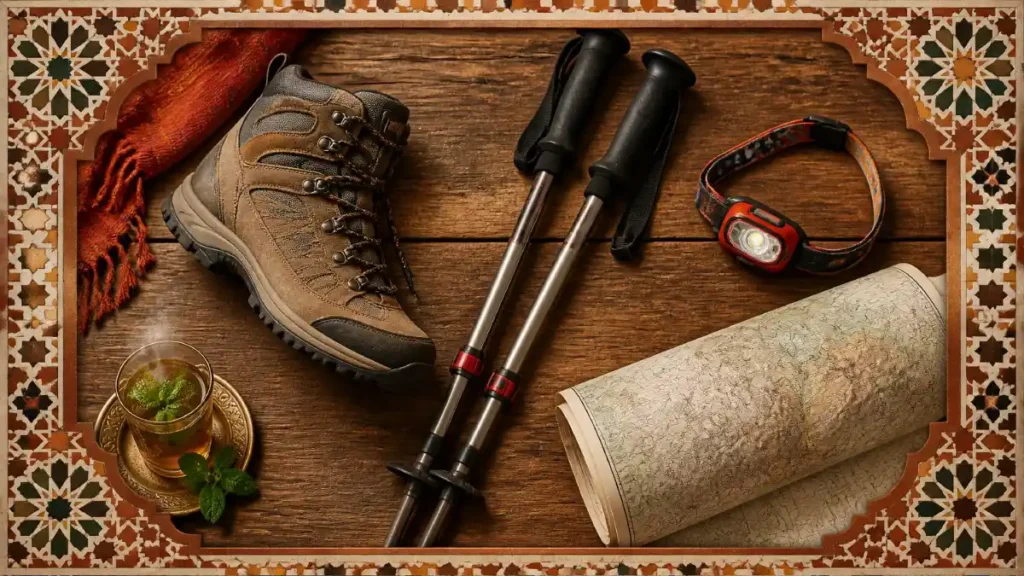 Flat lay of essential trekking atlas mountains morocco including hiking boots, trekking poles, and a map.