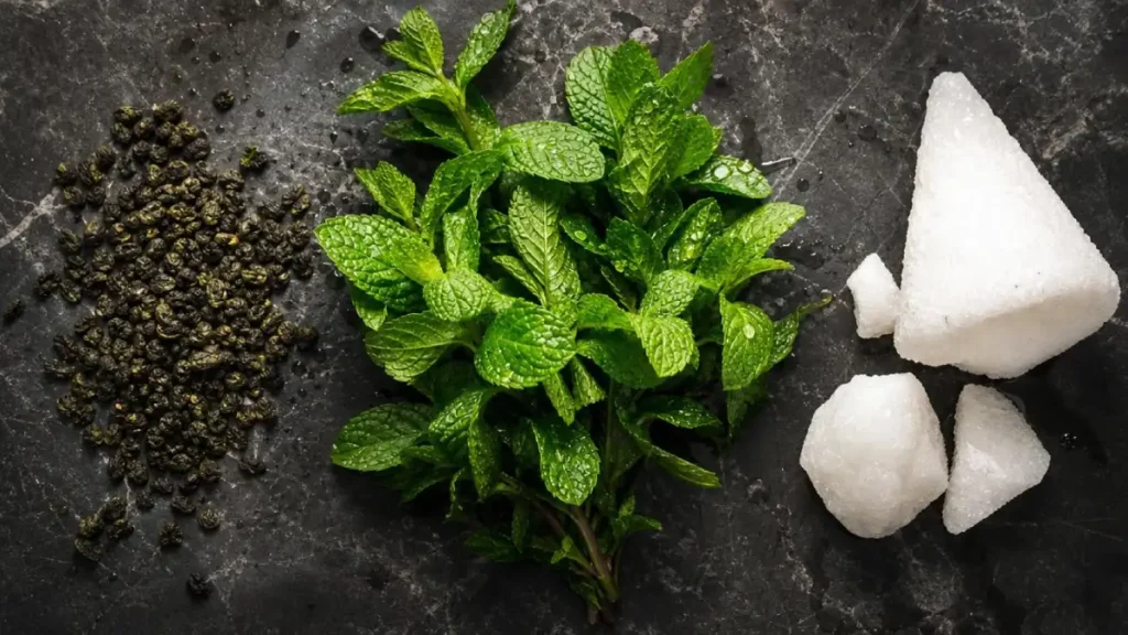 Raw ingredients for authentic Moroccan mint tea including gunpowder tea pellets, fresh spearmint, and sugar blocks.
