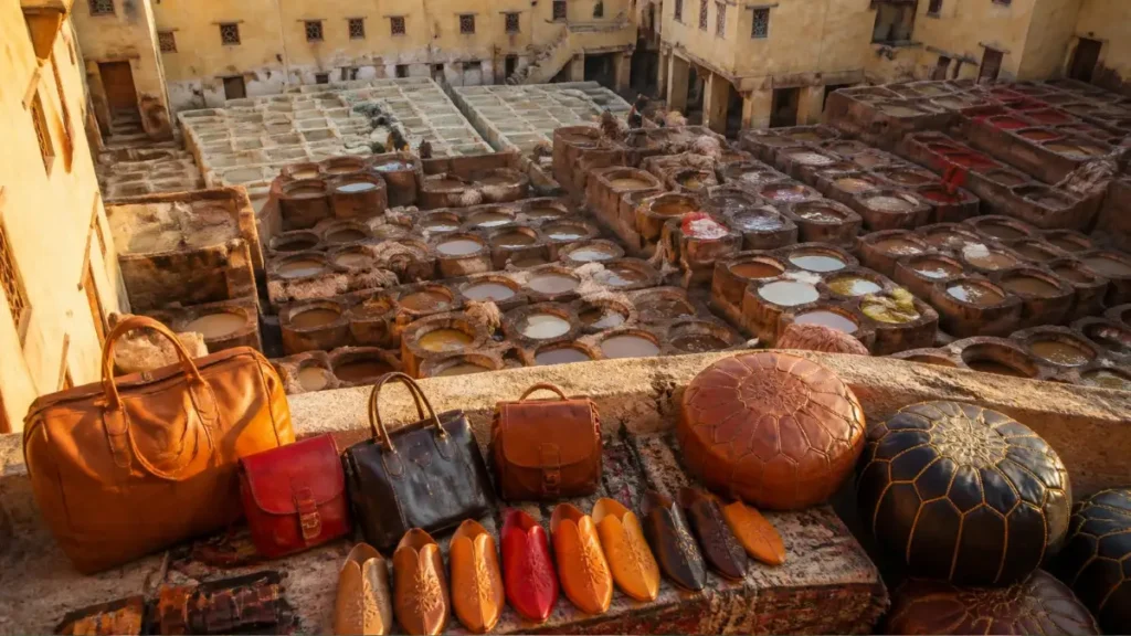 View of Fez’s Chouara tannery with colorful dye pits and finished Moroccan leather crafts like bags, poufs, and babouches drying in the sun.