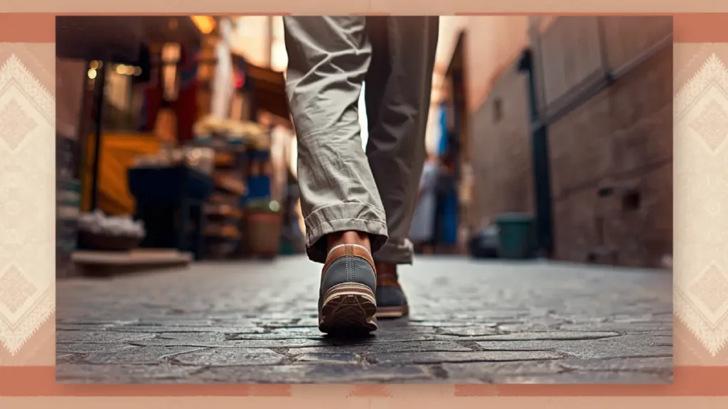 Traveler walking through a Marrakech medina alley wearing closed walking shoes and modest clothing