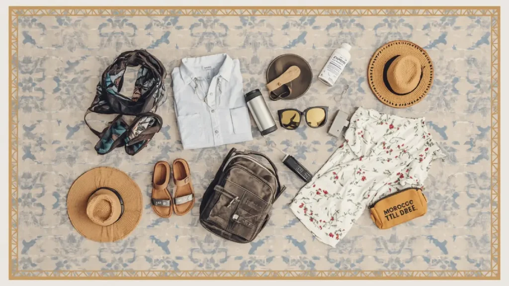 Flat lay of clothes, shoes and travel gear on Moroccan tiles illustrating a Morocco Packing List 2026 for medinas, desert, coast and mountains