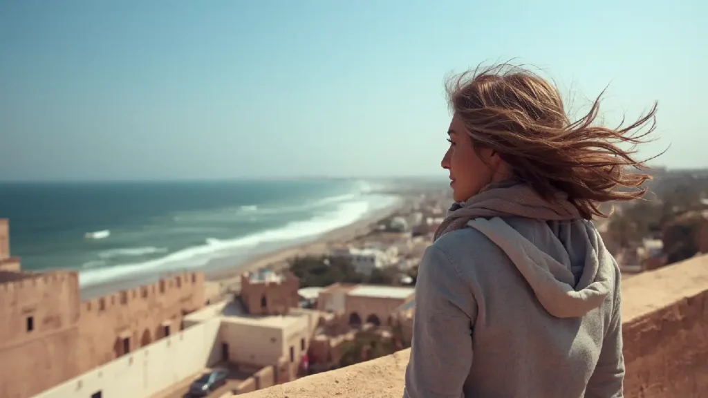 Traveler wearing light layers and a scarf on the windy ramparts of Essaouira