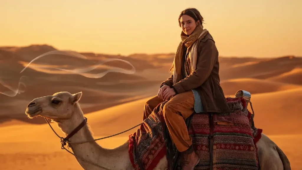 Traveler in layered clothing on a camel in the Sahara desert at sunset, illustrating what to wear in Morocco’s desert