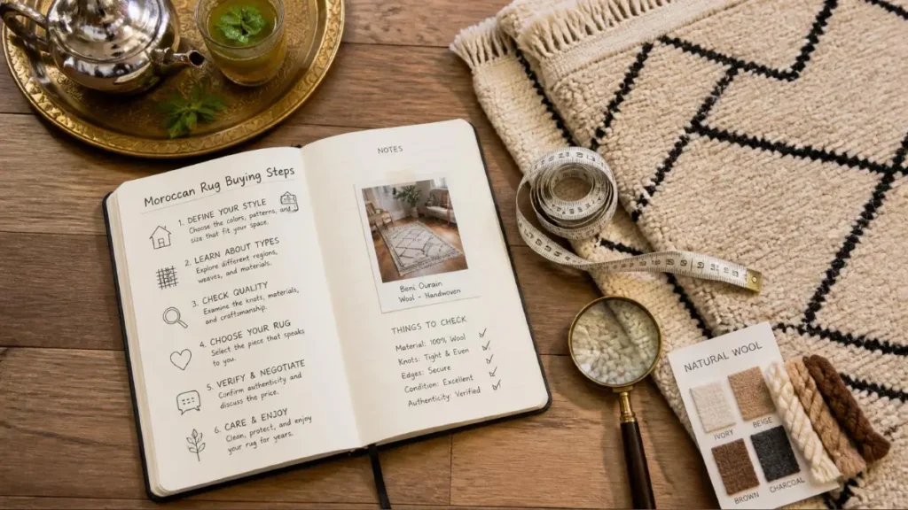 Top‑down view of a Moroccan rug buying checklist with a folded Berber rug, tape measure, wool samples, and mint tea on a tray.