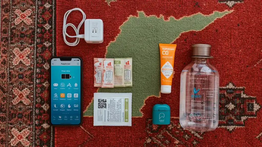 Flat lay of Morocco travel essentials including phone with eSIM, power bank, adapter, sunscreen and first aid items