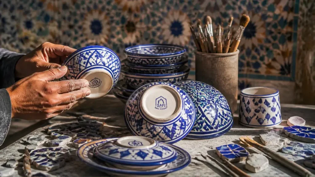 Traditional crafts Morocco on a workbench with cobalt-blue Safi ceramics and hand-cut zellige tiles, alongside Moroccan leather crafts and argan oil bottles.