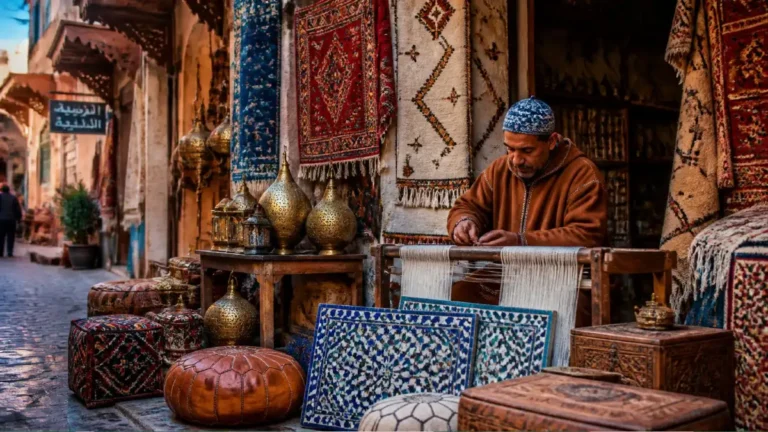 Traditional crafts in Morocco displayed in a souk, including handwoven rugs, argan oil crafts, and Moroccan leather crafts in a colorful artisan stall.