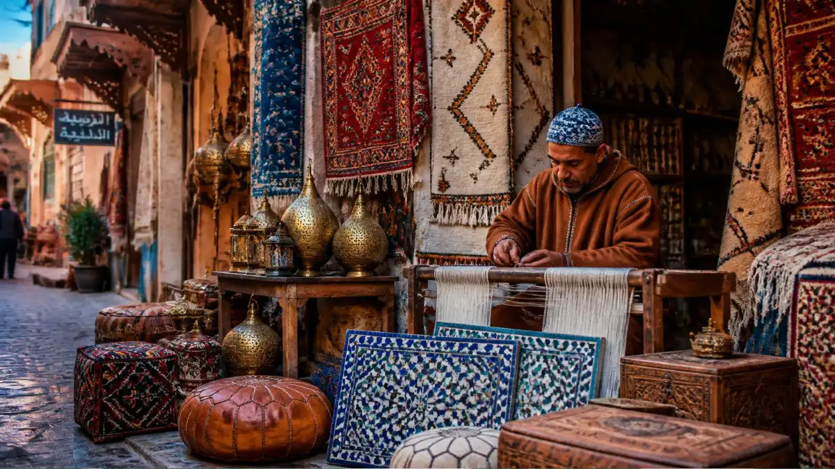 Traditional crafts in Morocco displayed in a souk, including handwoven rugs, argan oil crafts, and Moroccan leather crafts in a colorful artisan stall.
