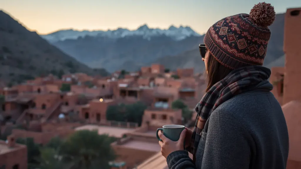 Traveler wearing warm layers and a hat on a terrace in the Atlas Mountains at dusk