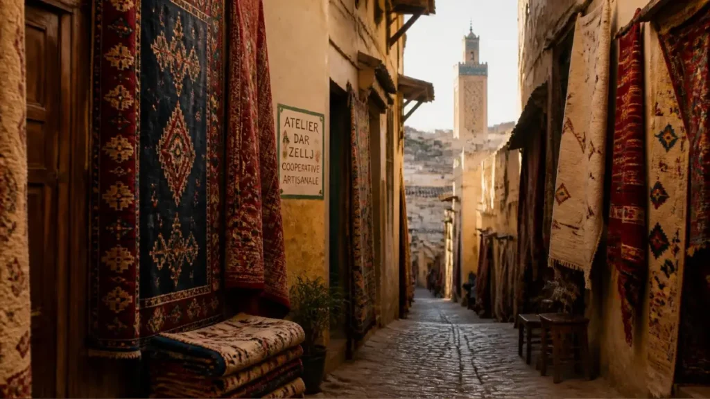 Fez medina alley lined with colorful Moroccan rugs hanging outside small workshops.