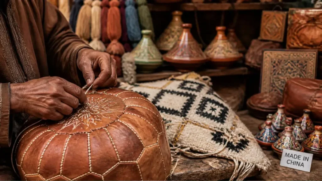 Artisan hand-stitching Moroccan leather crafts beside traditional crafts Morocco, with argan oil crafts and handwoven Berber textiles in a workshop.