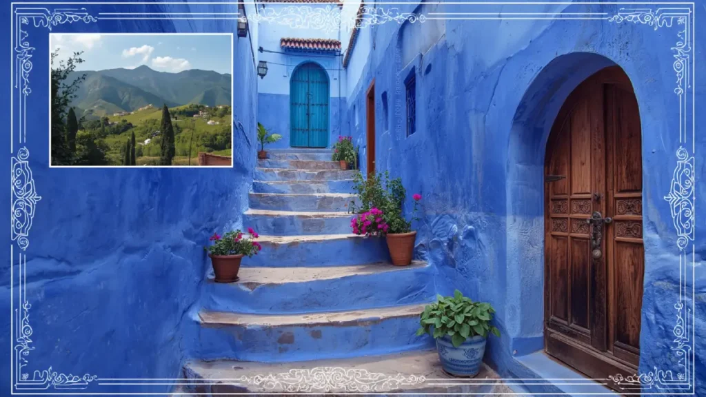 Blue alley in Chefchaouen with steps and doors as part of the northern section of a 3 week Morocco itinerary