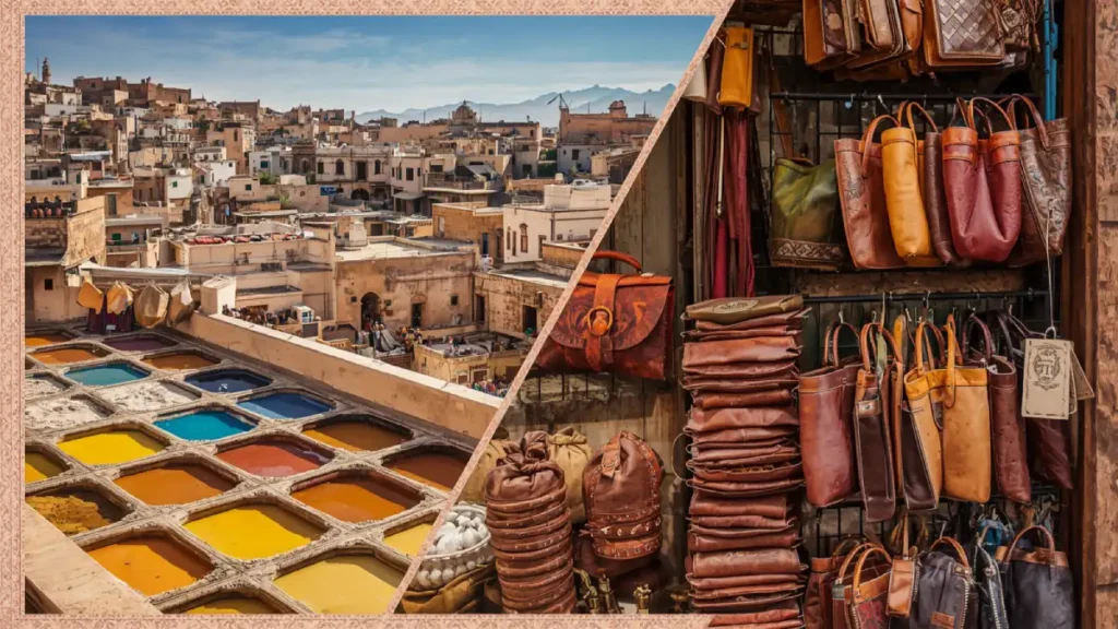 Fes tanneries and high quality leather bags representing the crafts focus of the 3 week Morocco itinerary