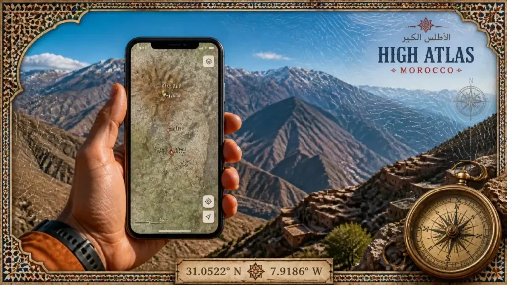Close-up of a digital topographic map of morocco atlas mountains on a phone with mountain peaks in the background.