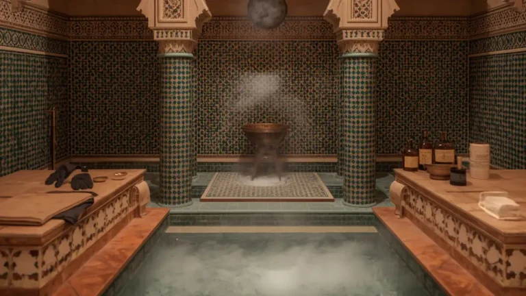 Traditional Moroccan hammam interior with steam, ornate tilework, and spa accessories for authentic bath experience