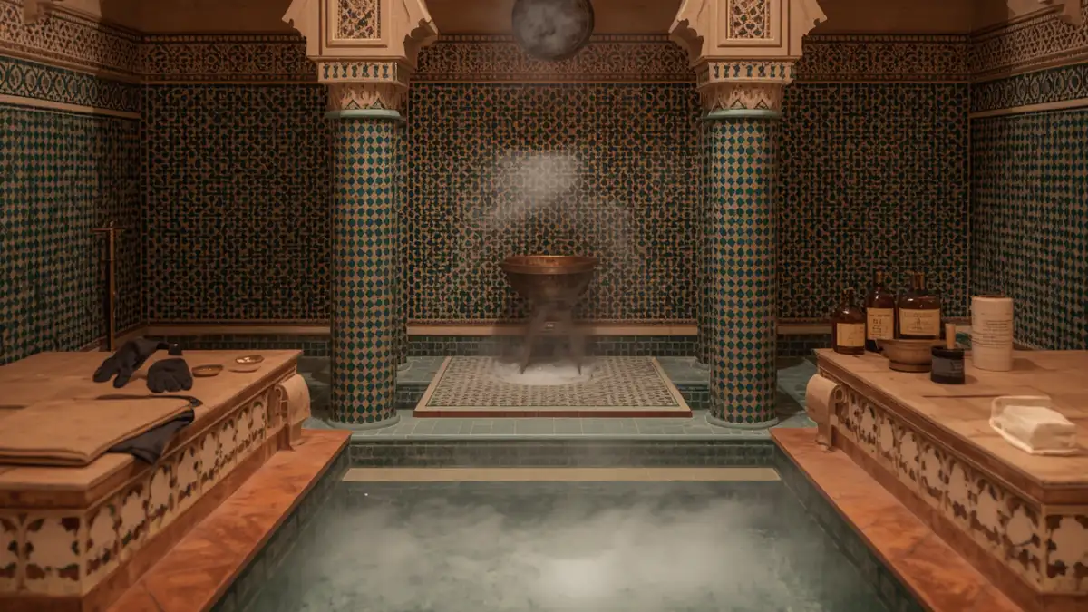 Traditional Moroccan hammam interior with steam, ornate tilework, and spa accessories for authentic bath experience