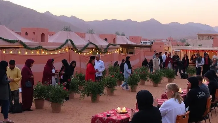 Blooming rose fields in Kelaat M’Gouna at sunset beside an evening courtyard concert in Fes Medina with musicians and lanterns.