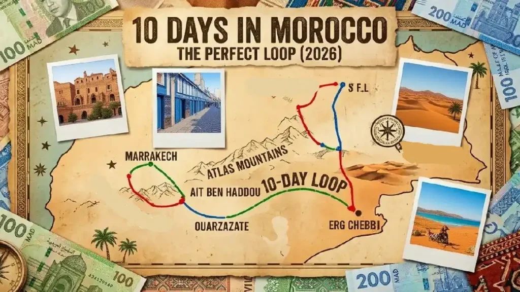 An artistic collage map showing the dotted routes and highlights for 3, 5, 7, 10, and 14 Days in Morocco Itinerary planning guide (2026).