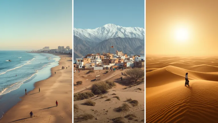 Triptych banner showing a breezy Essaouira coastline, snow-capped Atlas village, and hot Sahara dunes with a street thermometer reading 45°C.