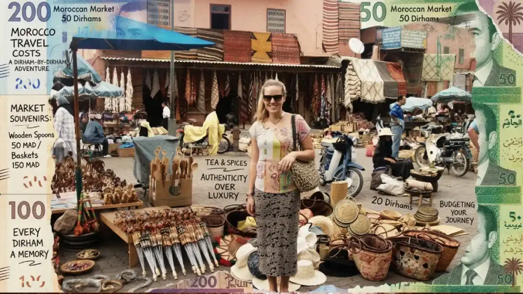 An artistic collage of a tourist in a Moroccan souk blended with Dirham banknotes, representing the daily travel budget for a 10 day trip to Morocco.