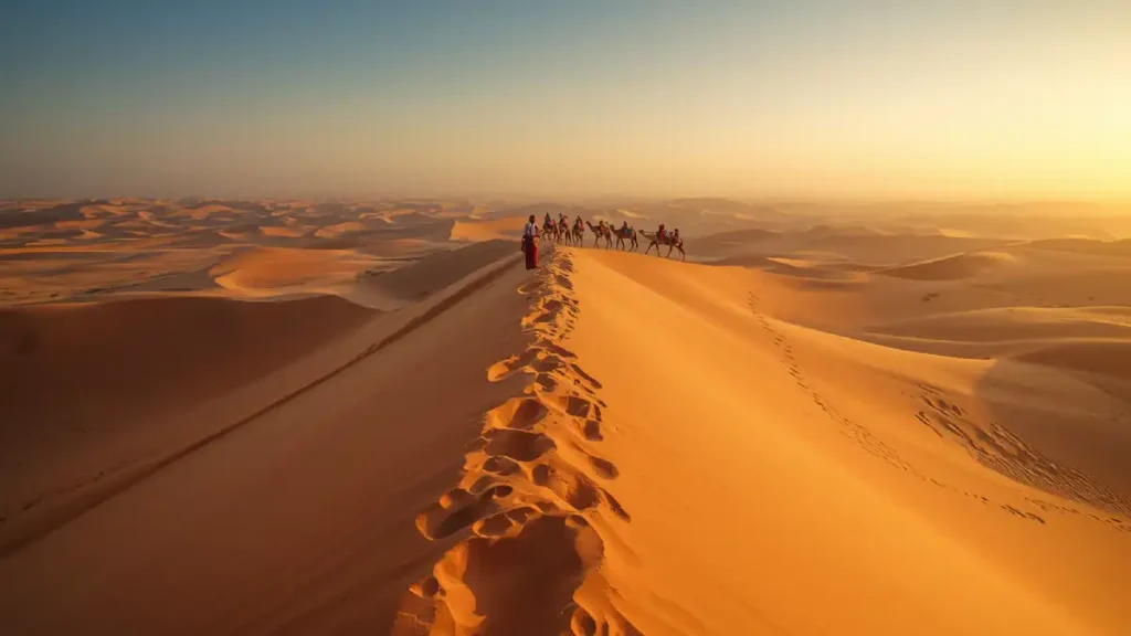 A dromedary camel caravan trekking across the golden sand dunes of Erg Chebbi in Merzouga during a Morocco 10 day tour.