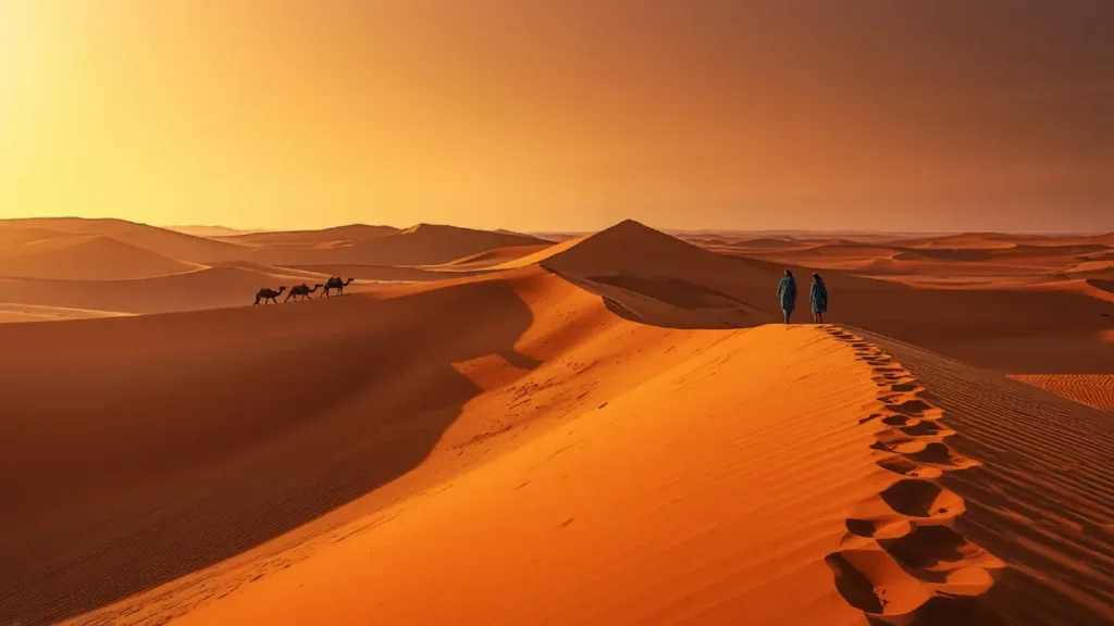 A small camel caravan guided by Berbers treks across the massive golden dunes of the Erg Chebbi Sahara Desert near Merzouga at sunset during a 14-day Morocco itinerary.