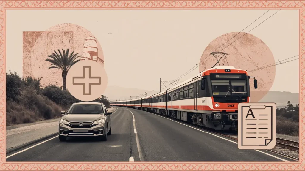 Collage of car, train and bus icons with safety symbols illustrating transport options and insurance for a 3 week Morocco itinerary