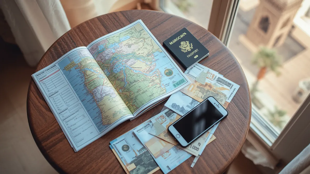 Flatlay of passport, travel insurance documents, Moroccan map and dirham banknotes representing travel insurance for Morocco
