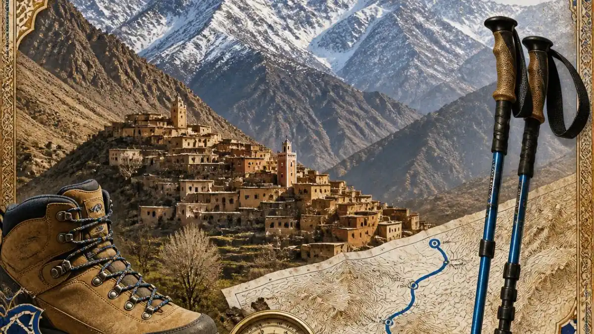 Detailed collage of trekking gear and a map over the High Atlas Mountains in Morocco, illustrating the 2026 hiking routes and safety guide.