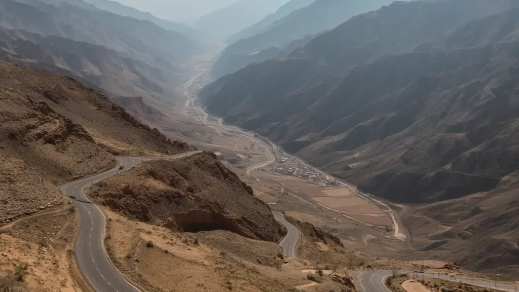 Winding mountain road overlooking a deep valley and traditional Berber village in the Moroccan High Atlas Mountains.