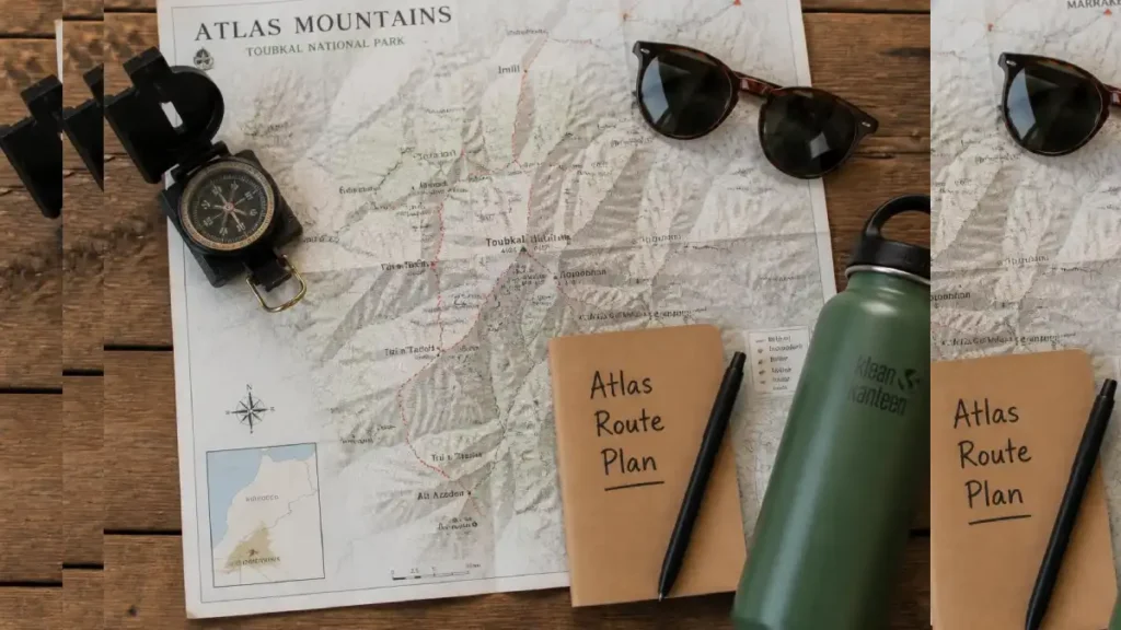 Atlas Mountains trekking map with route planning gear on a table