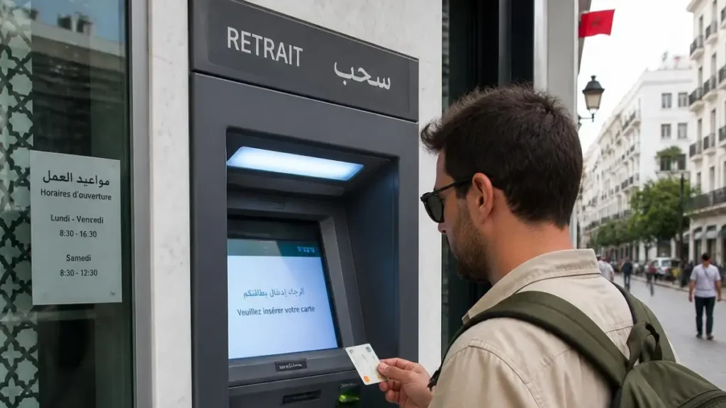 Traveler using an ATM at a Moroccan bank branch in a city street