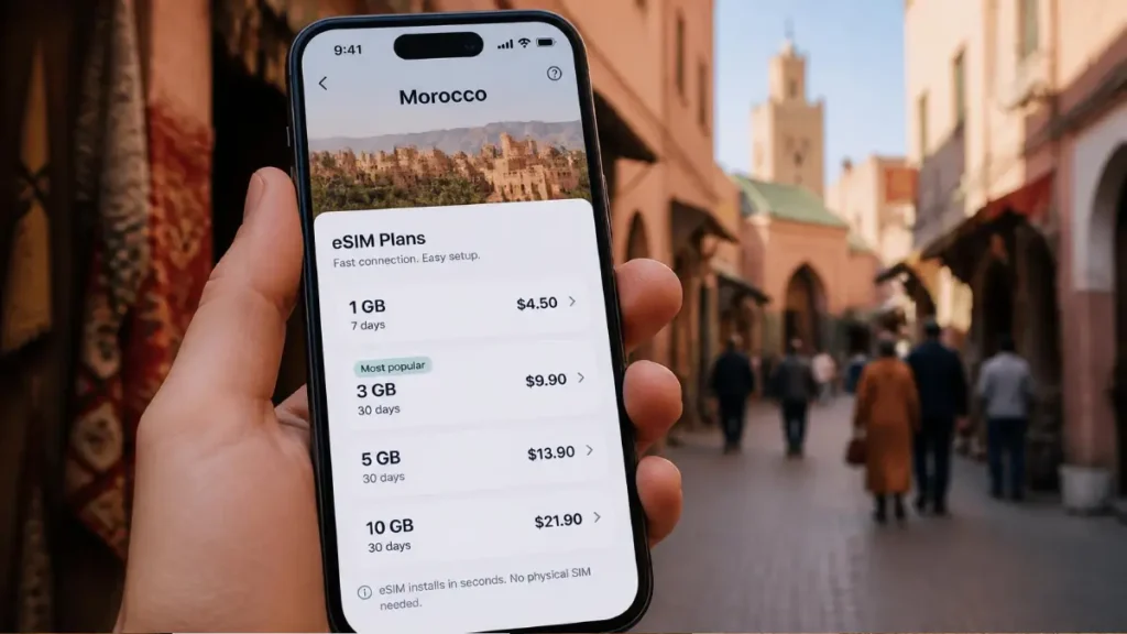 Smartphone screen showing different eSIM plan options for Morocco