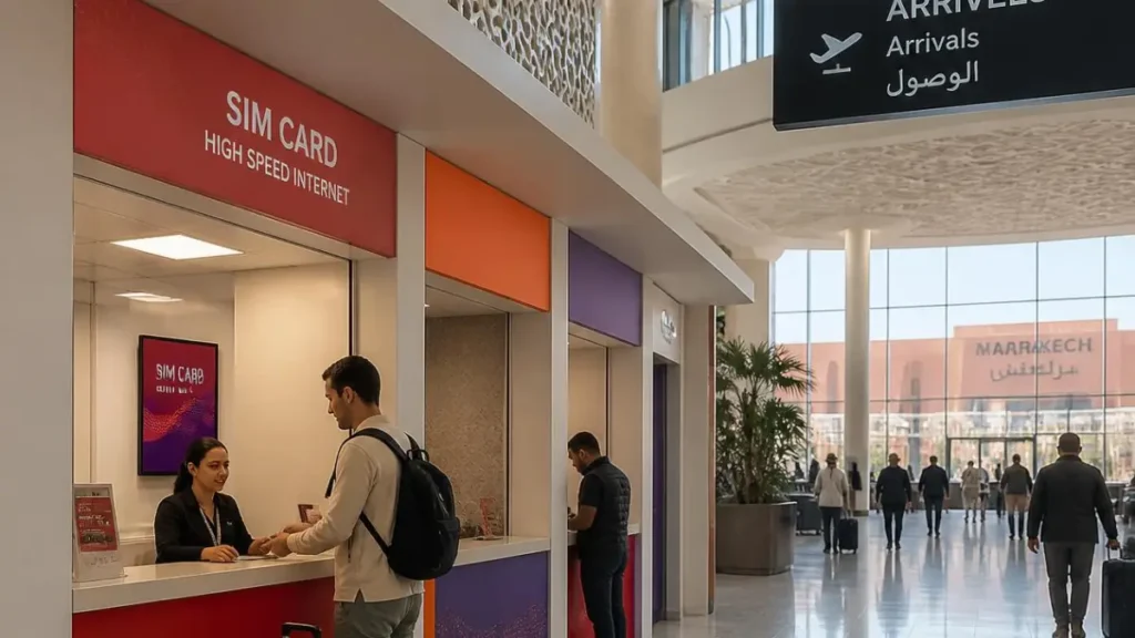 SIM card kiosks at Marrakech Airport arrivals where travelers can buy Moroccan SIMs