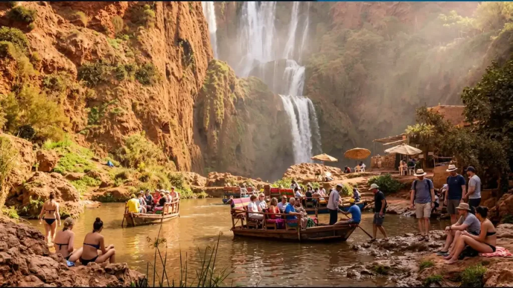 Tourist boats and swimming area at the base of Ouzoud Falls