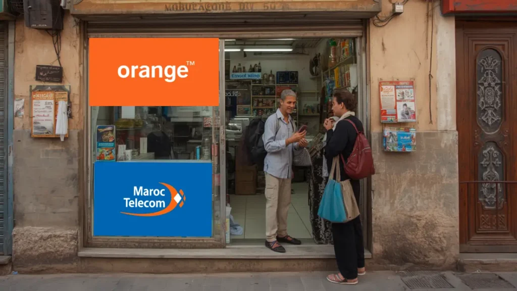 Tourist buying a prepaid SIM card in a mobile phone shop in Marrakech Morocco