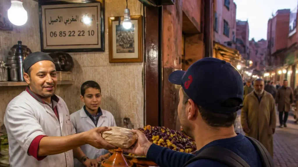 Tourist paying with Moroccan Dirham cash at a street food stall in a medina