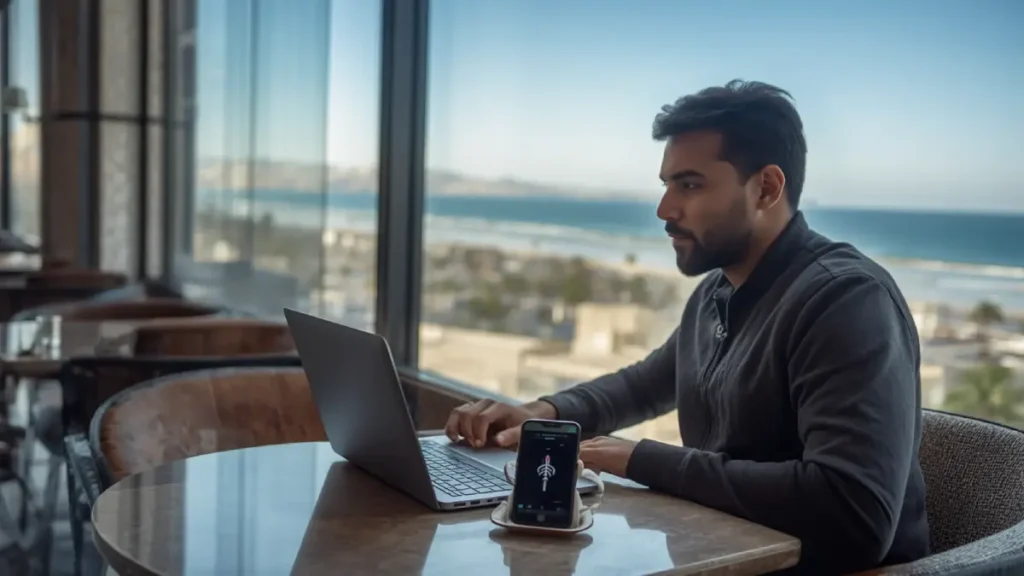 Digital nomad working on a laptop in a Casablanca café with smartphone on the table